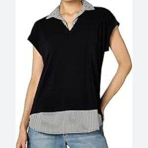 Adrianna Papell Black and White Striped Collar Blouse